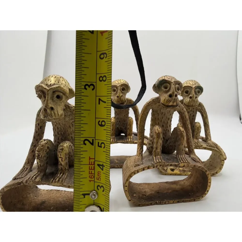Vintage Brass Monkey Napkin Rings Set of 4 Heavy Cast Metal Figural Table Decor